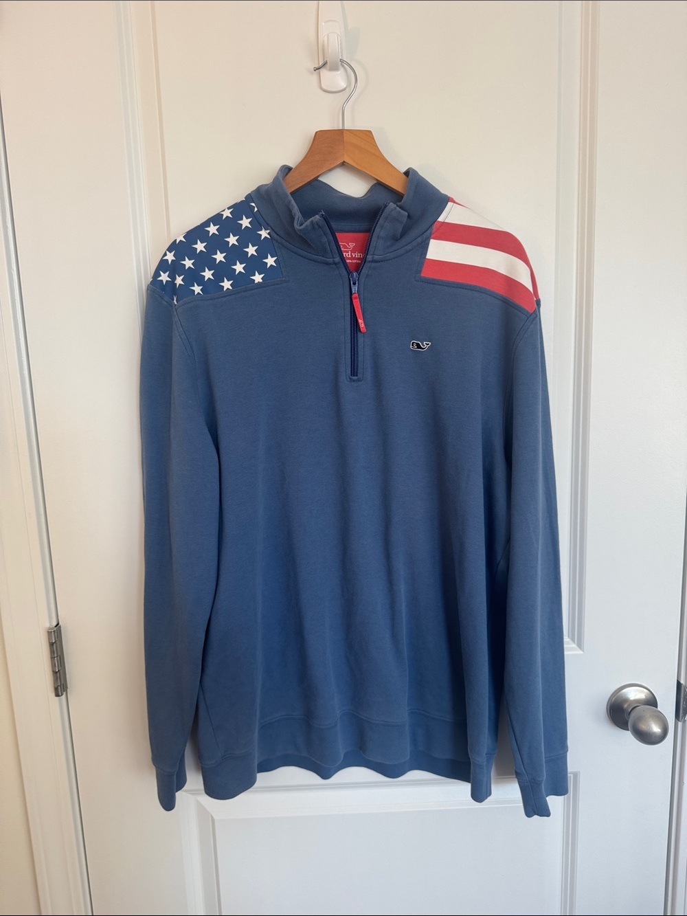 Vineyard Vines Navy Quarter-Zip Pullover with Red & White Flag Shoulders
